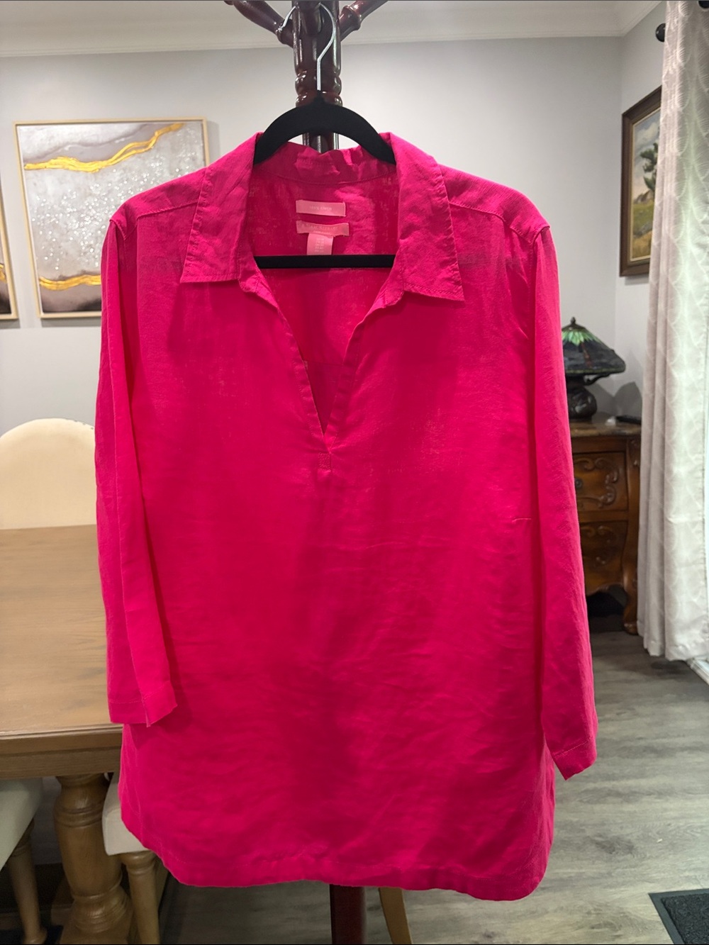 Isaac Mizrahi 100% Linen Pink V-Neck Collared Tunic